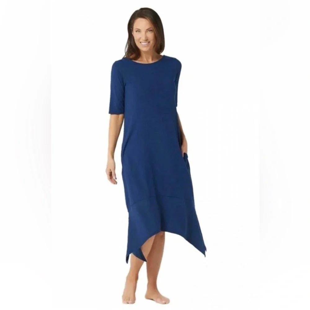 Cuddl Duds Flexwear Elbow Sleeve Rainbow Hem Lounge Dress Navy Size XL Pockets